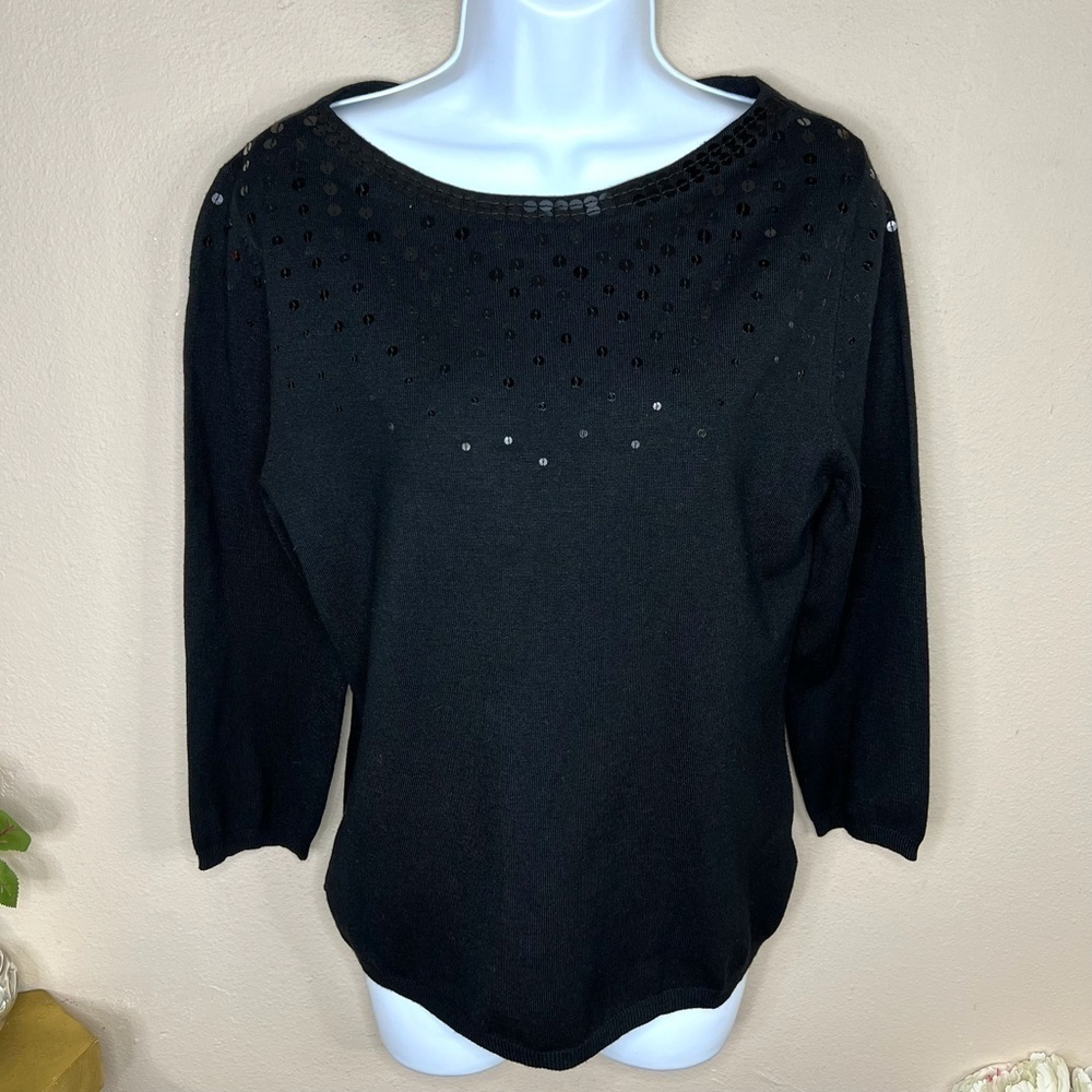 S Ruby Rd Black Sequin Sweater Long Sleeve Boat Neckline Stretch Small 4 6